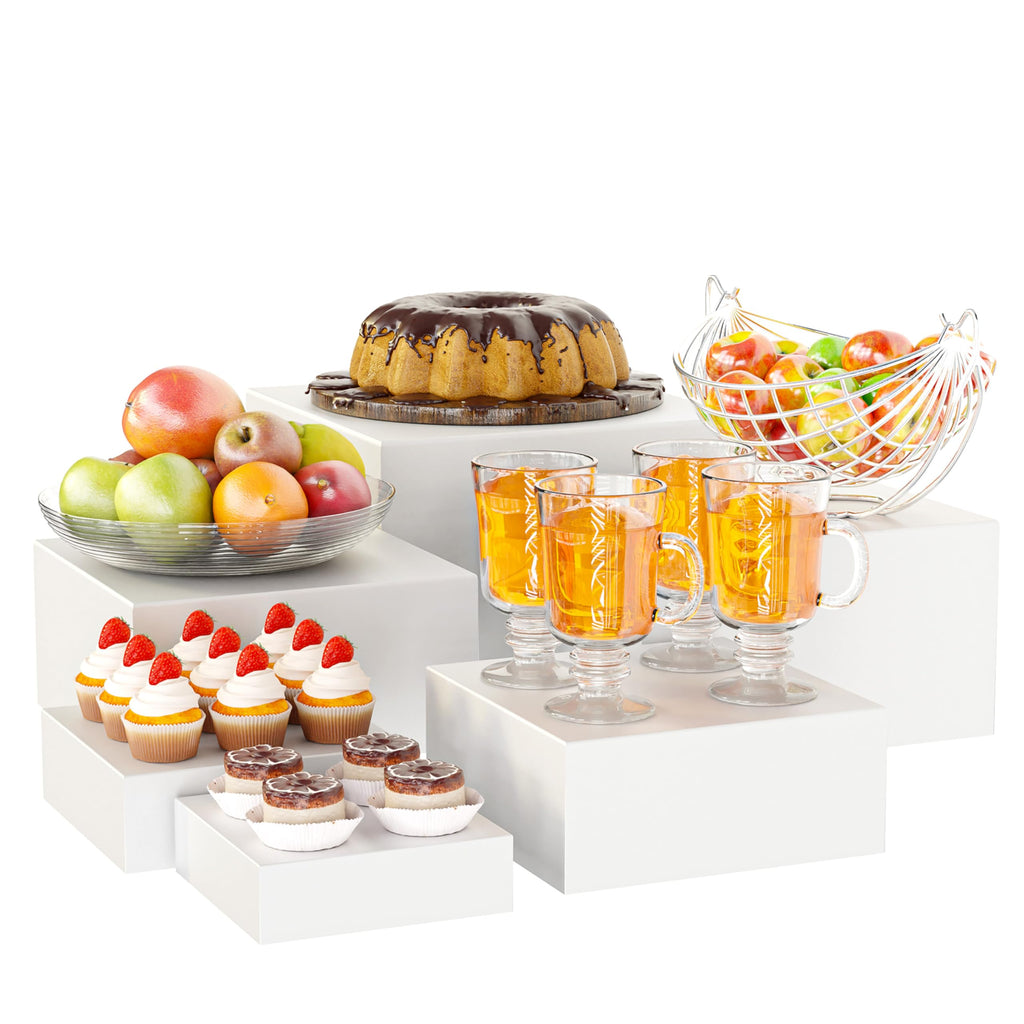 ihomecooker Metal Buffet Risers,6PCS Food Risers for Buffet Table 5in to 10in Display Stand for Wedding Catering Dessert Grayish White Cube Boxes Nesting Risers with Hollow Bottoms