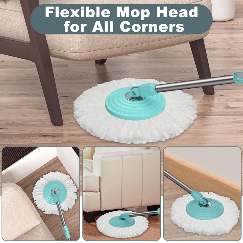 Mop and Bucket with Wringer Set,Spin Mop and Bucket System, Mops for Floor Cleaning,Household Supplies Tools with 6 Replacement Refills,61" Extended Handle for Household Hardwood Floor - White