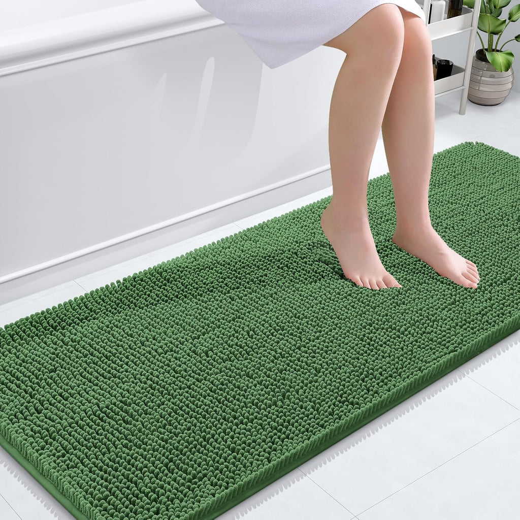 OLANLY Bathroom Runner Rugs - Soft Absorbent Chenille | Quick-Dry Rubber Backing, 59x24, Olive Green