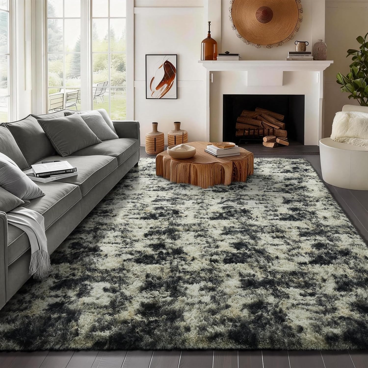 Ophanie Area Rugs - Black Gold & Grey Fluffy Shag Carpet for Living Room | 8x10 Soft Plush Design