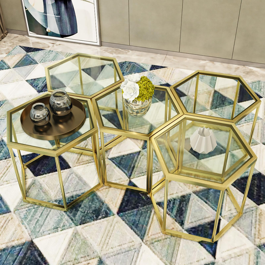 LUGSHIREE Gold Coffee Table Glass Modern Coffee Table, Hexagon Free Combination Glass Center Table Small End Tables with Metal Frame for Living Room Set of 1