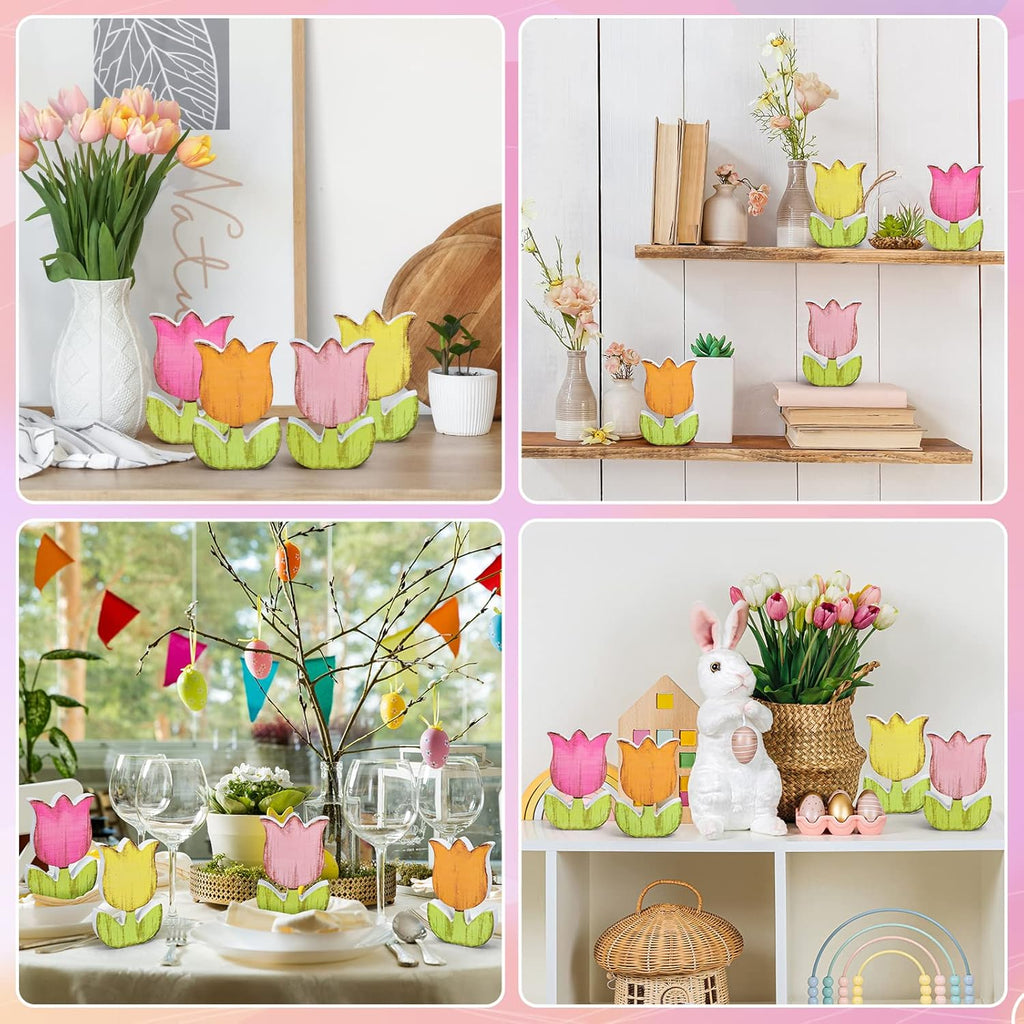 Whaline Spring Tulips Wood Signs - Rustic Floral Table Decor for Farmhouse Centerpieces | 4-Piece Set