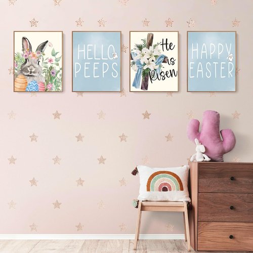 LARTSFRO Easter Decor - Bunny Wall Art Prints | Happy Easter Posters for Living Room & Bedroom | 10x8 Inch Set of 4 Unframed
