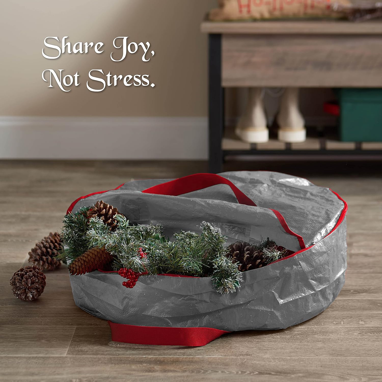 ZOBER Wreath Storage Bag - 36 Inch Durable Container for Artificial Wreaths - Gray with Dual Zippers