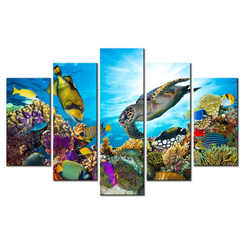 Xlarge 5 Piece Underwater World Canvas Wall Art Painting Sea Turtles Tropical Fish Swim on Coral Reef in the Sea Ocean Picture Prints Kids Room Wall Decor Stretched and Framed Ready to Hang 40x60inch