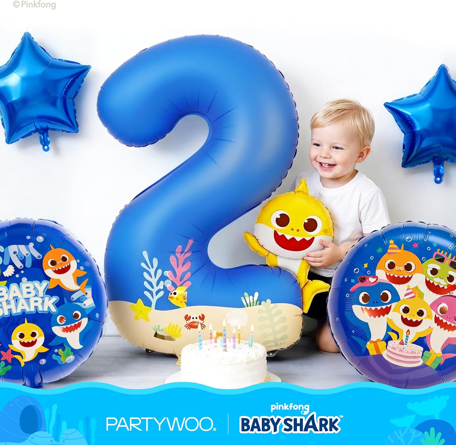 PartyWoo Baby Shark Blue Foil Number 2 Balloon - 5pcs 18-Inch Round Mylar Helium Decorations for Kids' Birthdays