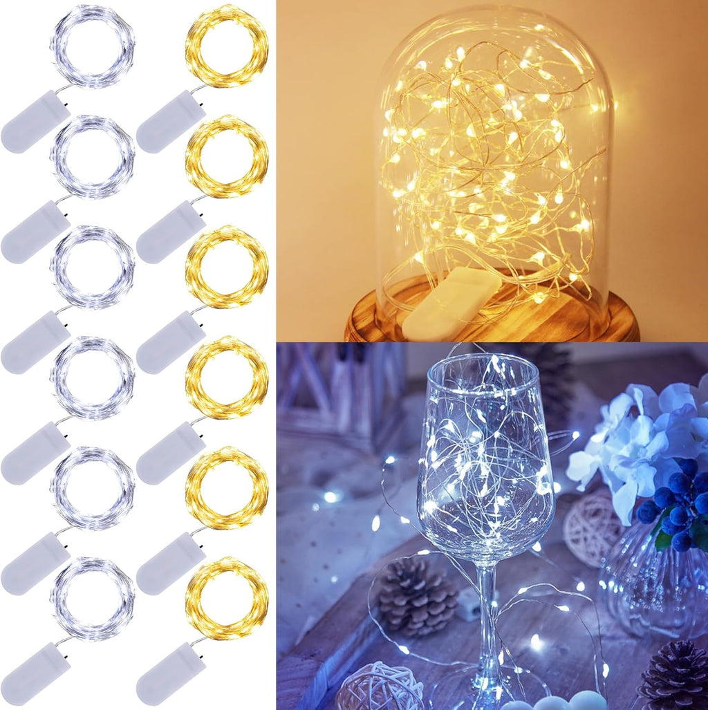 WATERGLIDE 12 Pack Mini String Lights - 20 LED Battery Operated Fairy Lights | Waterproof Silver Wire for Wedding & Party Decor