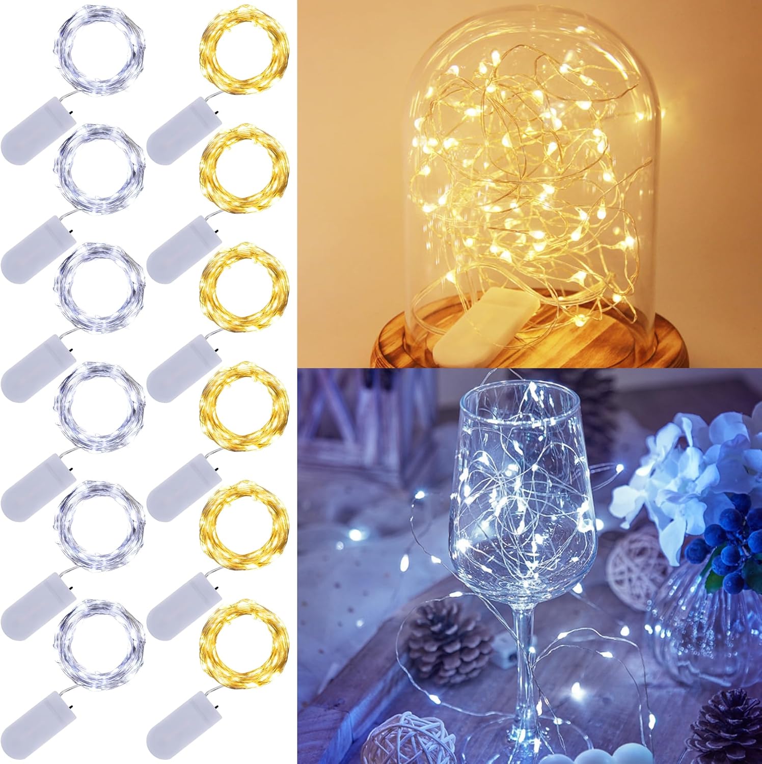 WATERGLIDE 12 Pack Mini String Lights - 20 LED Battery Operated Fairy Lights | Waterproof Silver Wire for Wedding & Party Decor
