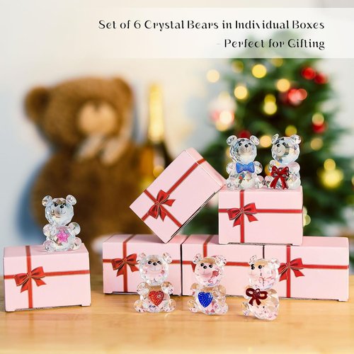 Crystal Bear Figurine Set by Skiennix - 6 Handcrafted Glass Animal Sculptures for Home Decor | 2.4” Tabletop Display