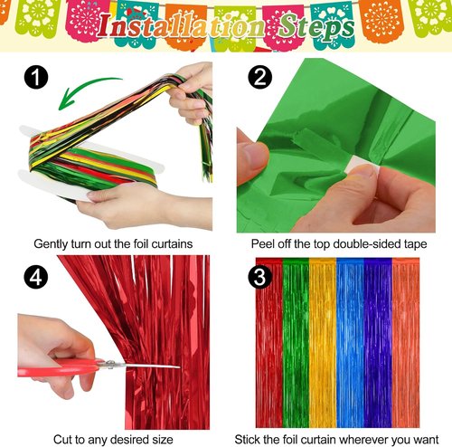 Cinco De Mayo Decorations - 2 Pack Fiesta Rainbow Backdrop | 3.28 FT x 7.05 FT Tinsel Curtains