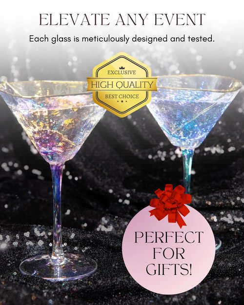 Sisterly Drinkware Iridescent Hammered Martini Glasses Set of 2 – Handmade Gold Rim Cocktail Glasses with 2 Gold-Plated Picks & 2 Coasters – 8 oz Elegant Barware for Martinis, Cocktails & Mocktails