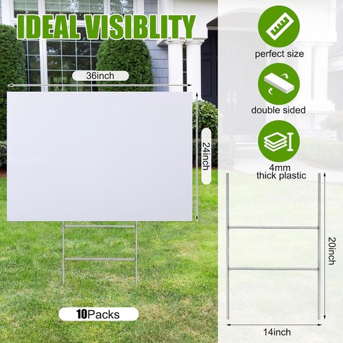 Leinuosen 10 Sets Blank Corrugated Plastic Yard Signs - 24 x 36 Inch White H Stakes for Events & Business Use