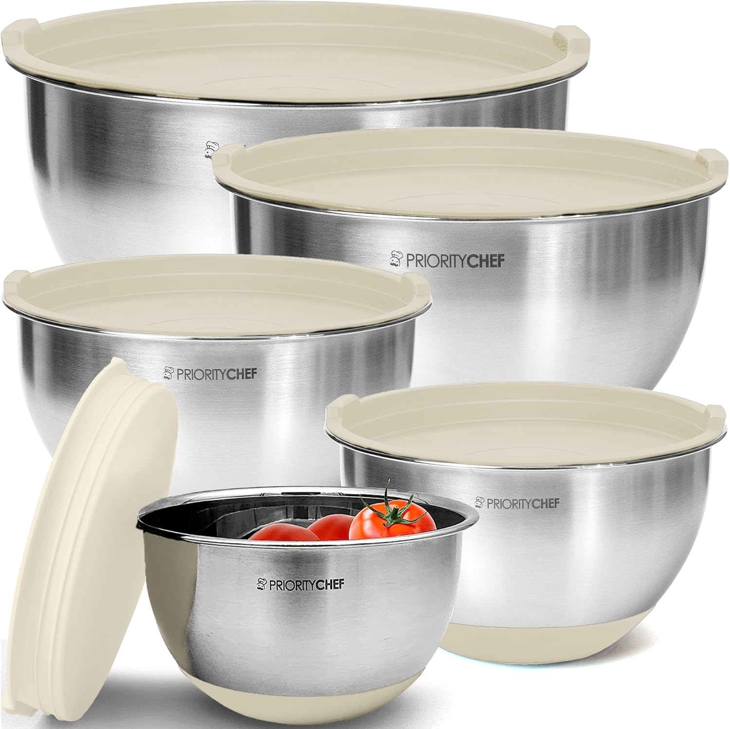 Priority Chef Premium Mixing Bowls Set - Airtight Lids, Non-Slip Base, 5 Nesting Bowls (1.5-5 Qt) - Khaki