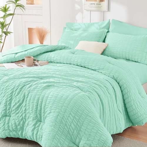 HYMOKEGE Twin Comforter Set - Mint Green Seersucker 5-Piece All-Season Luxury Bedding Set