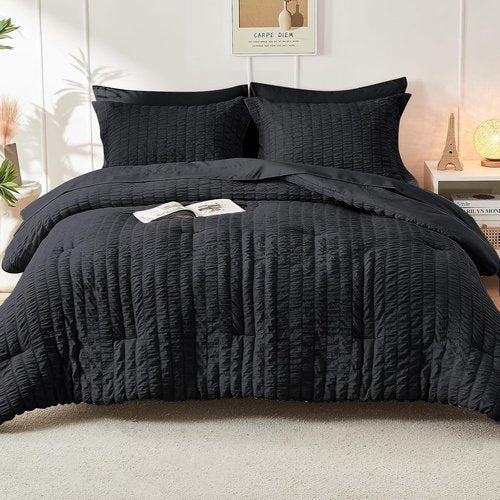HYMOKEGE Queen Seersucker Comforter Set - Lightweight 3-Piece Bedding for All Seasons | Black