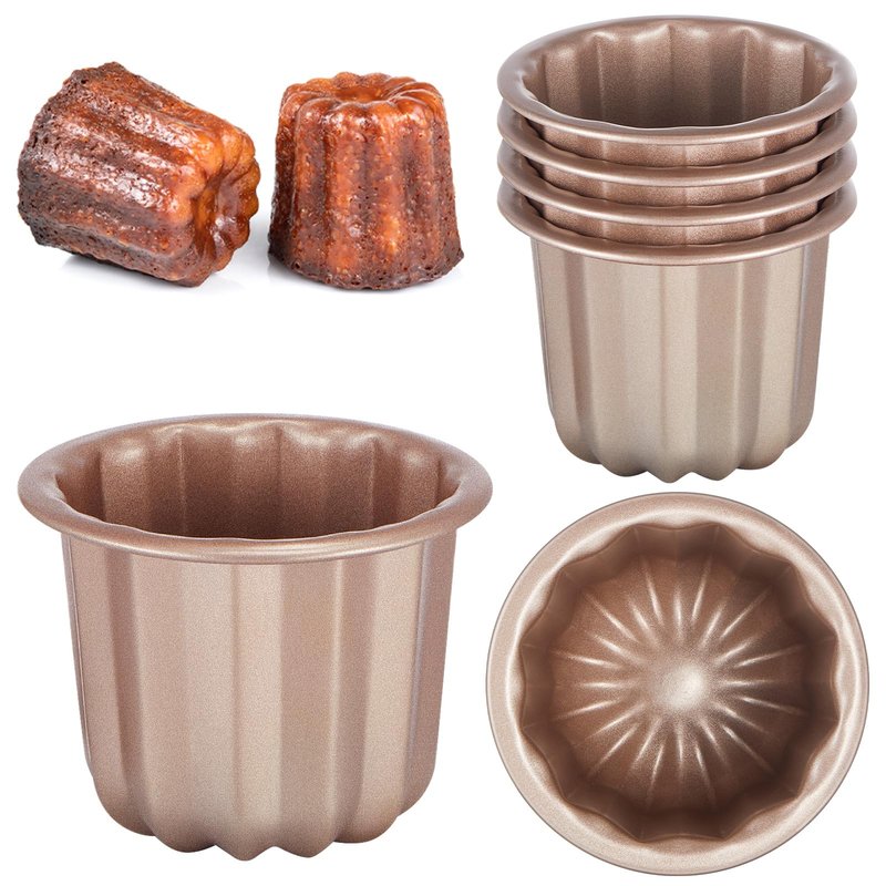 Blushtier 6 Pcs Canele Mold Cake Pan Non Stick small Copper Color Canele Molds Muffin Bakeware Cupcake Pan 2.8 Inch Carbon Steel Pastry Mould Mini Cupcake Holders DIY Cake Muffin Oven Baking Tool