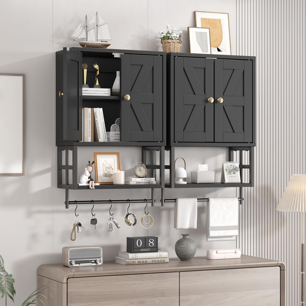 FUNHUKSON Farmhouse Medicine Cabinet - 3-Tier Wall Mounted Storage Organizer with Adjustable Shelves, Towel Bar, 5 Hooksfor Small Bathroom, Laundry Room, Over Toilet, Living Room, Bedroom (Black)