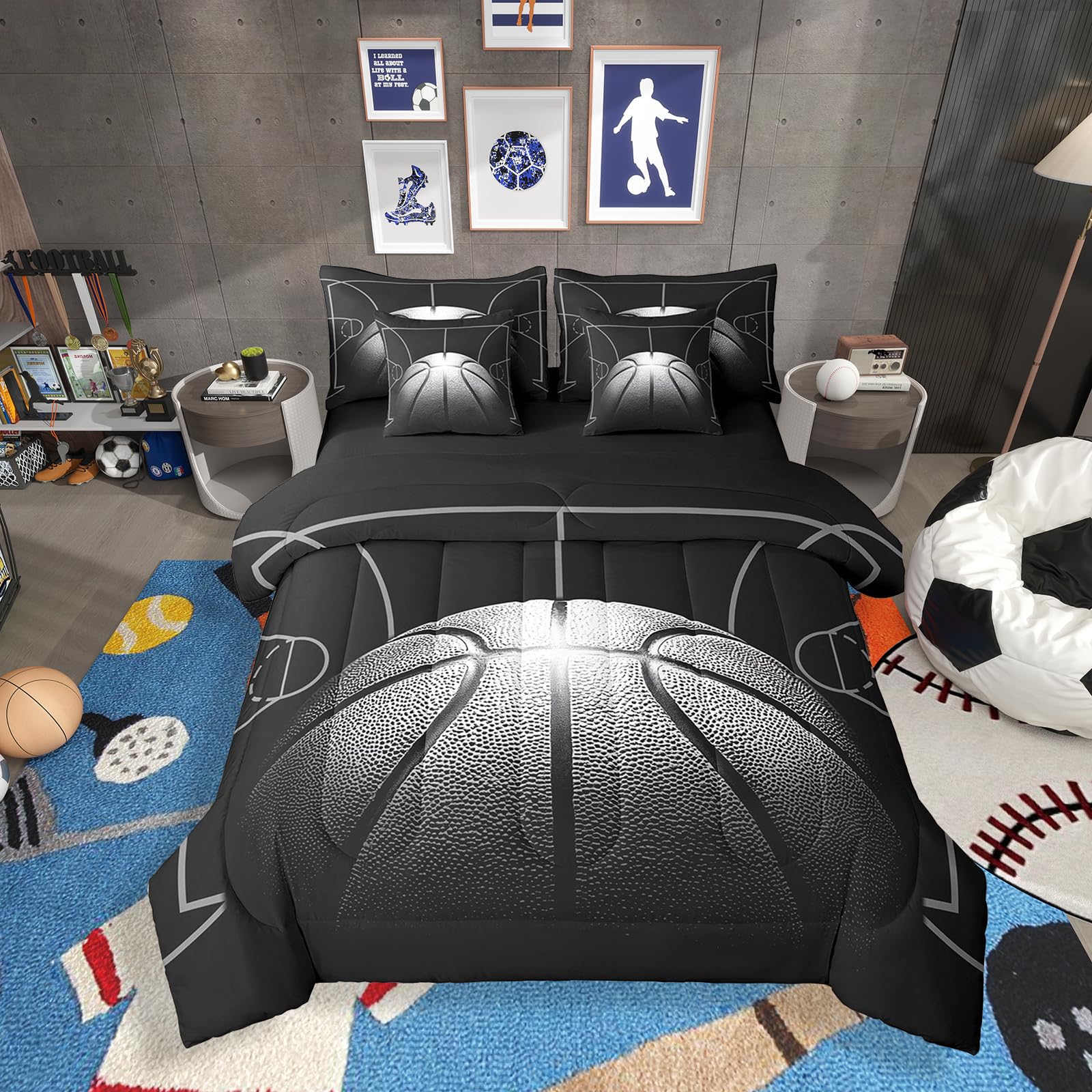 Erosebridal Basketball Comforter Set 7 Pcs Full for Kids,Sports Bed in A Bag for Boys,Basketball Court Bedding Sets for Fan,Black Ball Game Reversible Bed Sets with Sheet Set,Pillow Case for Bedroom
