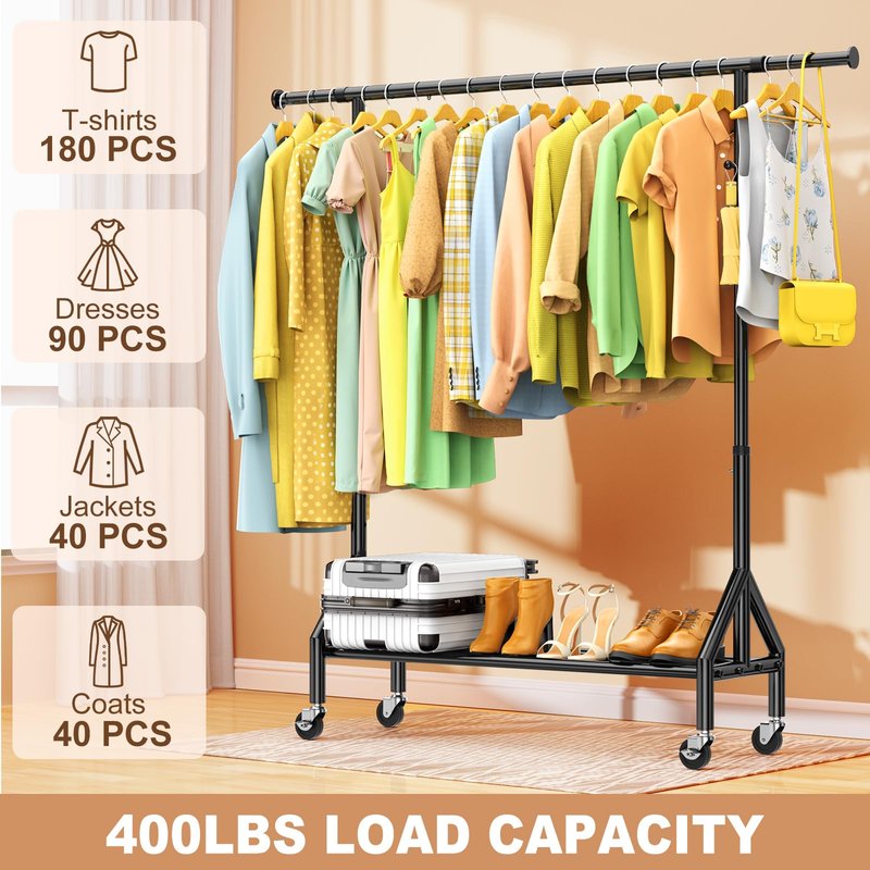 TigerParty Clothes Rack, Clothing Racks for Hanging Clothes, Rolling Garment Rack, Adjustable Free Standing Clothes Organizer with Wheels, Space-saving Design for Bedroom Laundry Living Room