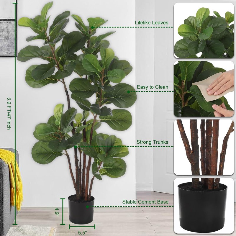 GAOMON Artificial Fiddle Leaf Fig Tree, 4 Ft Faux Ficus Lyrata Tree with 72 Leaves in Pot, Fake Green Plant for Indoor Outdoor Home Office Living Room Bedroom Decor