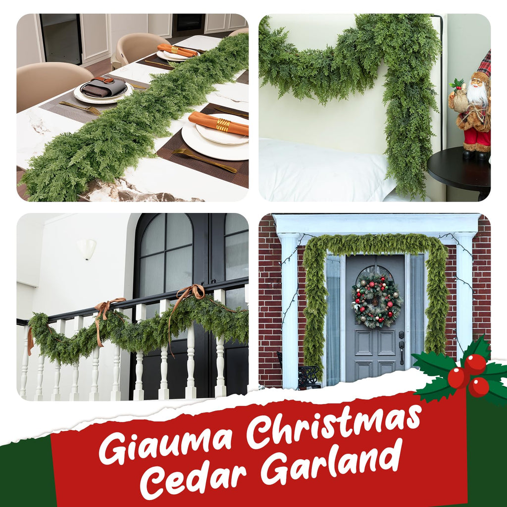 Giauma 9FT Double Fullness Christmas Cedar Garland with 280 Tips Cedar Branches Artificial Realistic Thick Soft Green Faux Winter Greenery Pine Garlands for Fireplace Mantel Table Doorframe