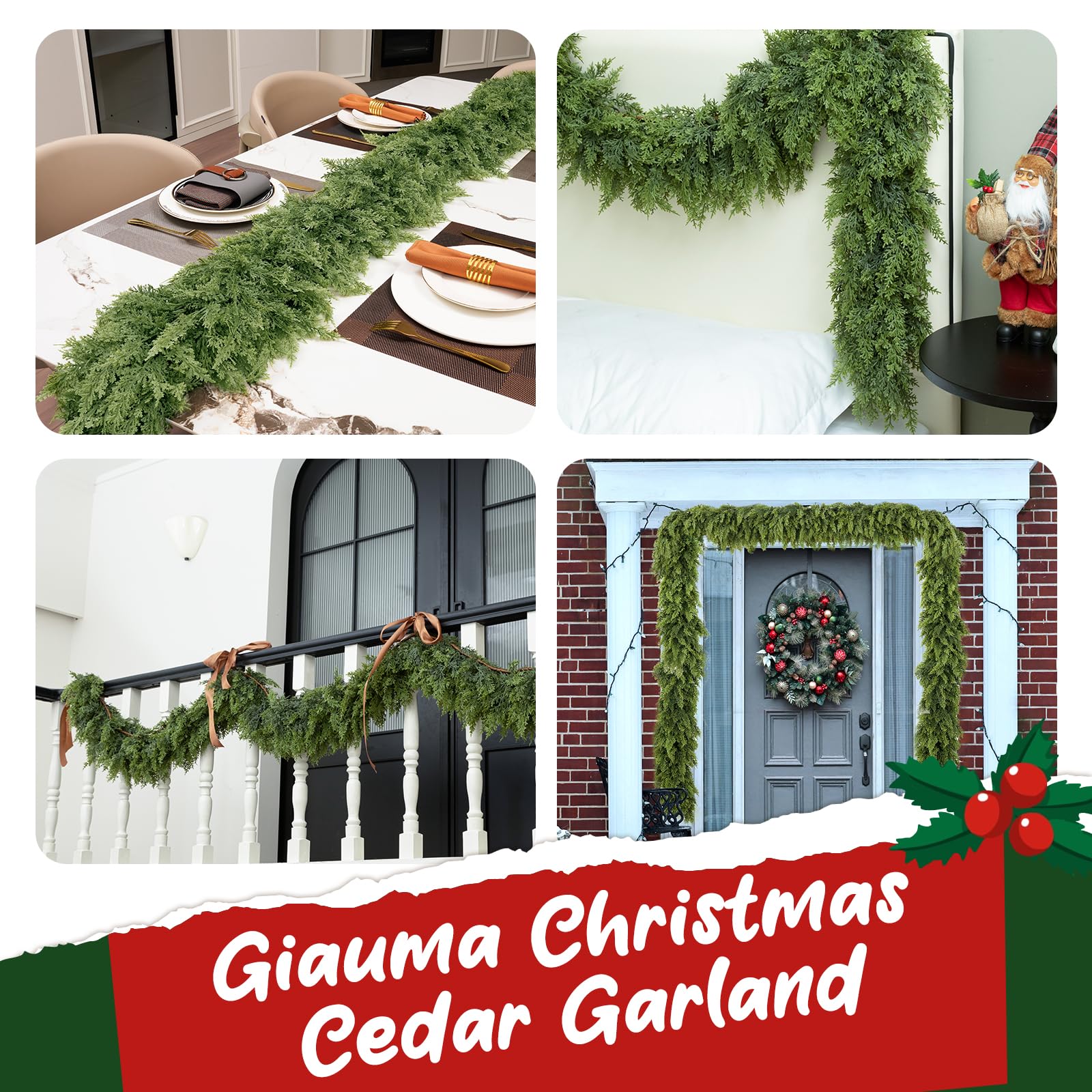 Giauma 9FT Double Fullness Christmas Cedar Garland with 280 Tips Cedar Branches Artificial Realistic Thick Soft Green Faux Winter Greenery Pine Garlands for Fireplace Mantel Table Doorframe