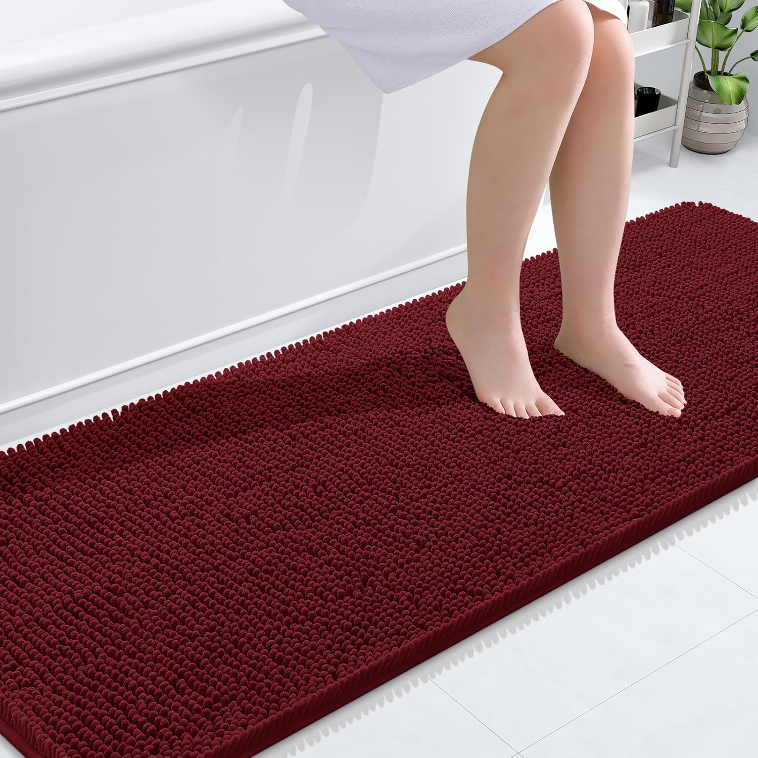 OLANLY Bathroom Runner Rugs - Soft Absorbent Chenille Bath Mats | Quick-Dry, Machine Washable, 70x24, Burgundy
