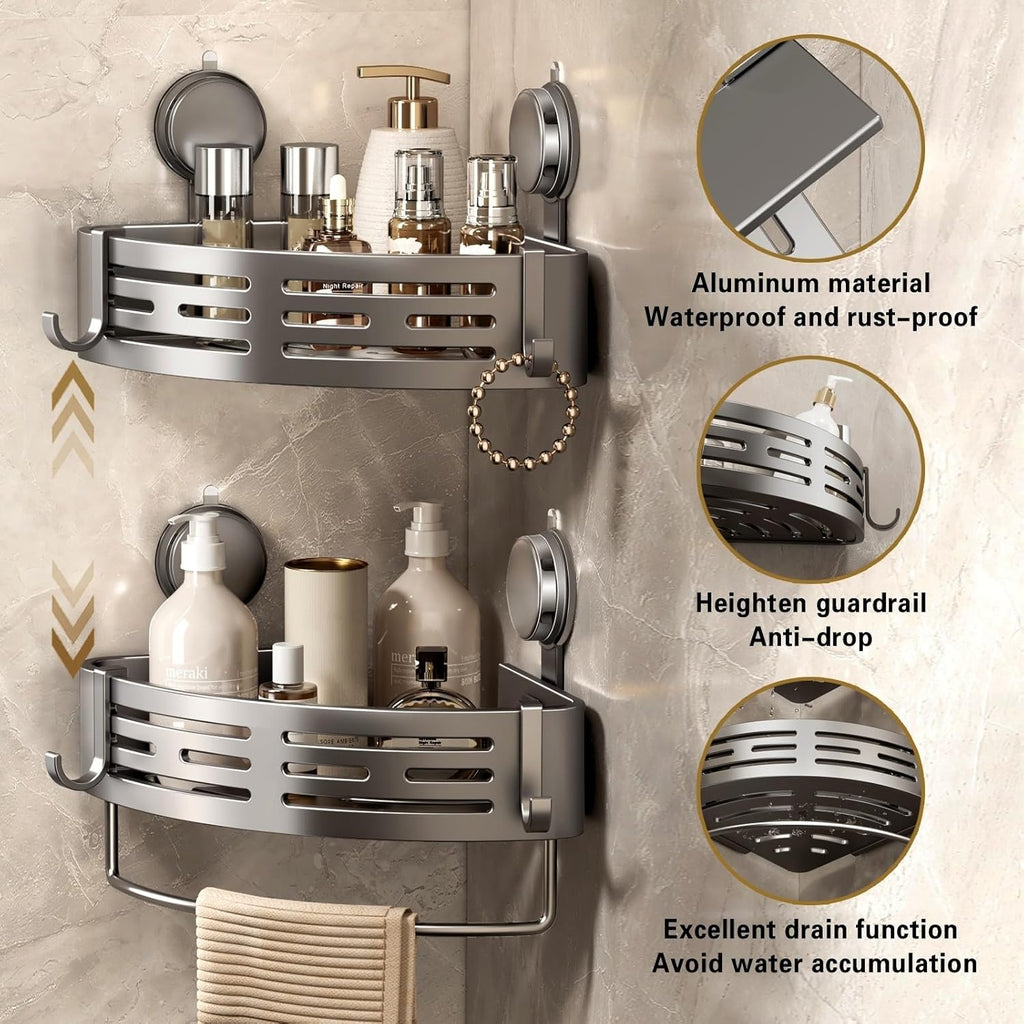 VOLPONE Corner Shower Caddy - No-Drill Suction Cup Bathroom Organizer with Towel Bar Hooks | Matte Gray (2-Pack)