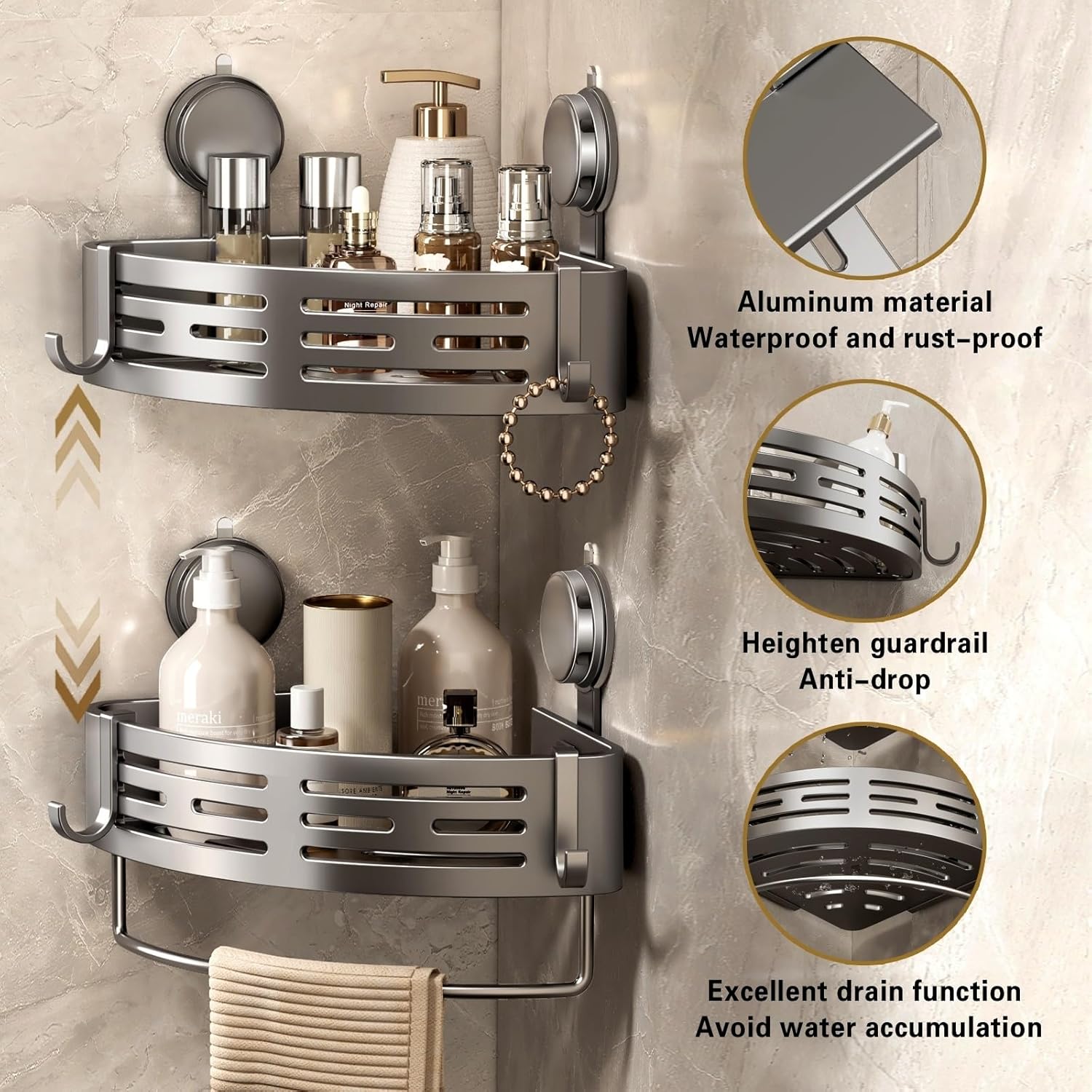 VOLPONE Corner Shower Caddy - No-Drill Suction Cup Bathroom Organizer with Towel Bar Hooks | Matte Gray (2-Pack)