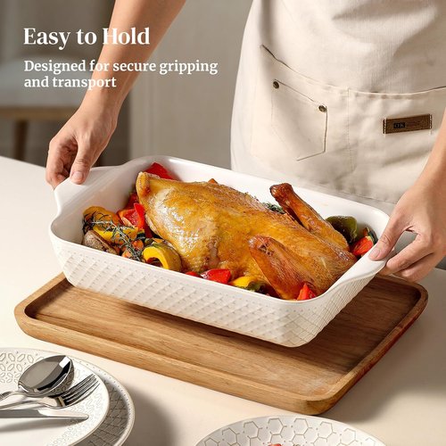 DOWAN 9x13 Deep Lasagna Baking Dish - Durable Ceramic Casserole Pan with Handles | 4 Quarts, Oven Safe, Arctic White