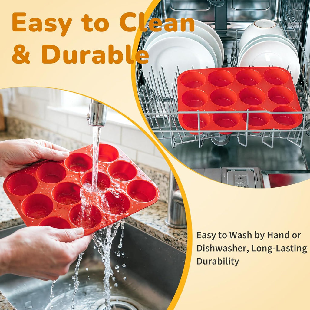 Skiennix Silicone Cupcake Pan - Nonstick 12-Cup Muffin Pans | Durable & Flexible, Easy to Clean, Red