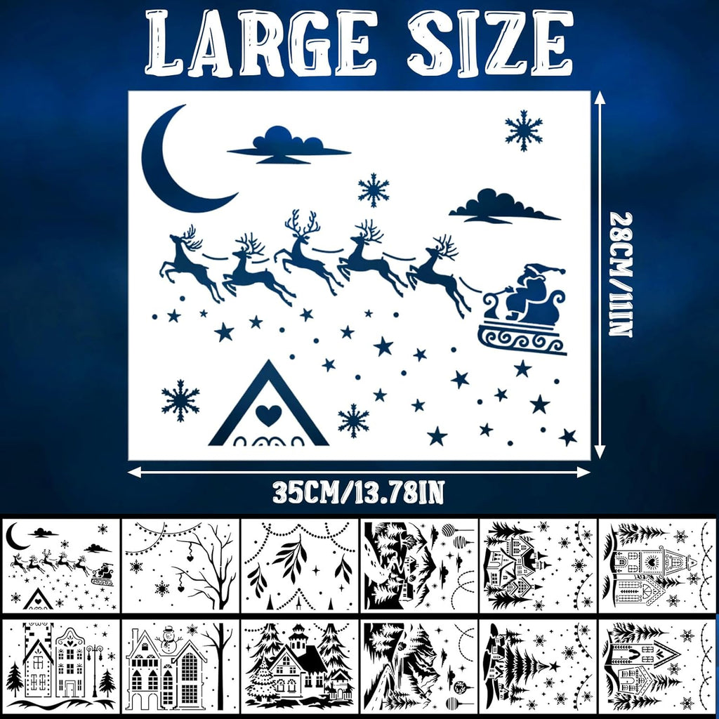 Skiennix 12 Pcs Christmas Stencils - Large 13.78 x 11 Inch Reusable Holiday Templates for DIY Glass Decor