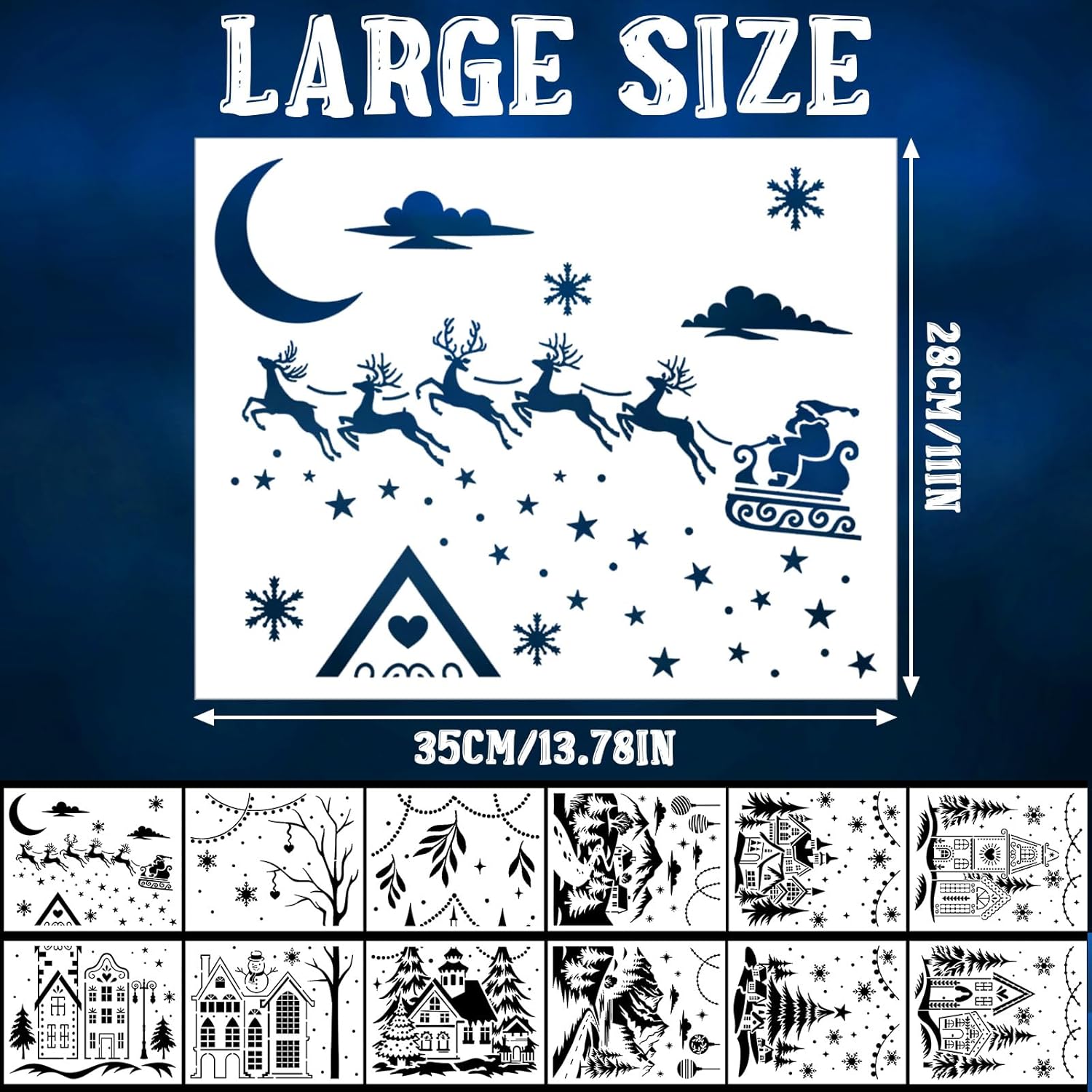 Skiennix 12 Pcs Christmas Stencils - Large 13.78 x 11 Inch Reusable Holiday Templates for DIY Glass Decor