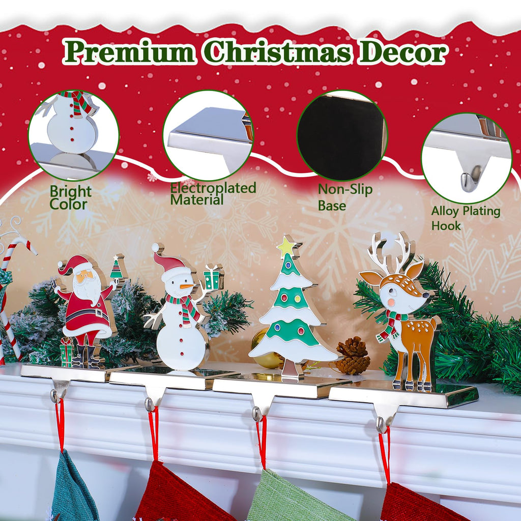 Set of 4 Christmas Stocking Hangers for Mantel，Christmas Tree Reindeer Santa Snowman Stocking Holders for Fireplace-Stocking Hangers for Mantel Xmas Tree Mantel Hooks Hanger (Multi-color 4-Pack)
