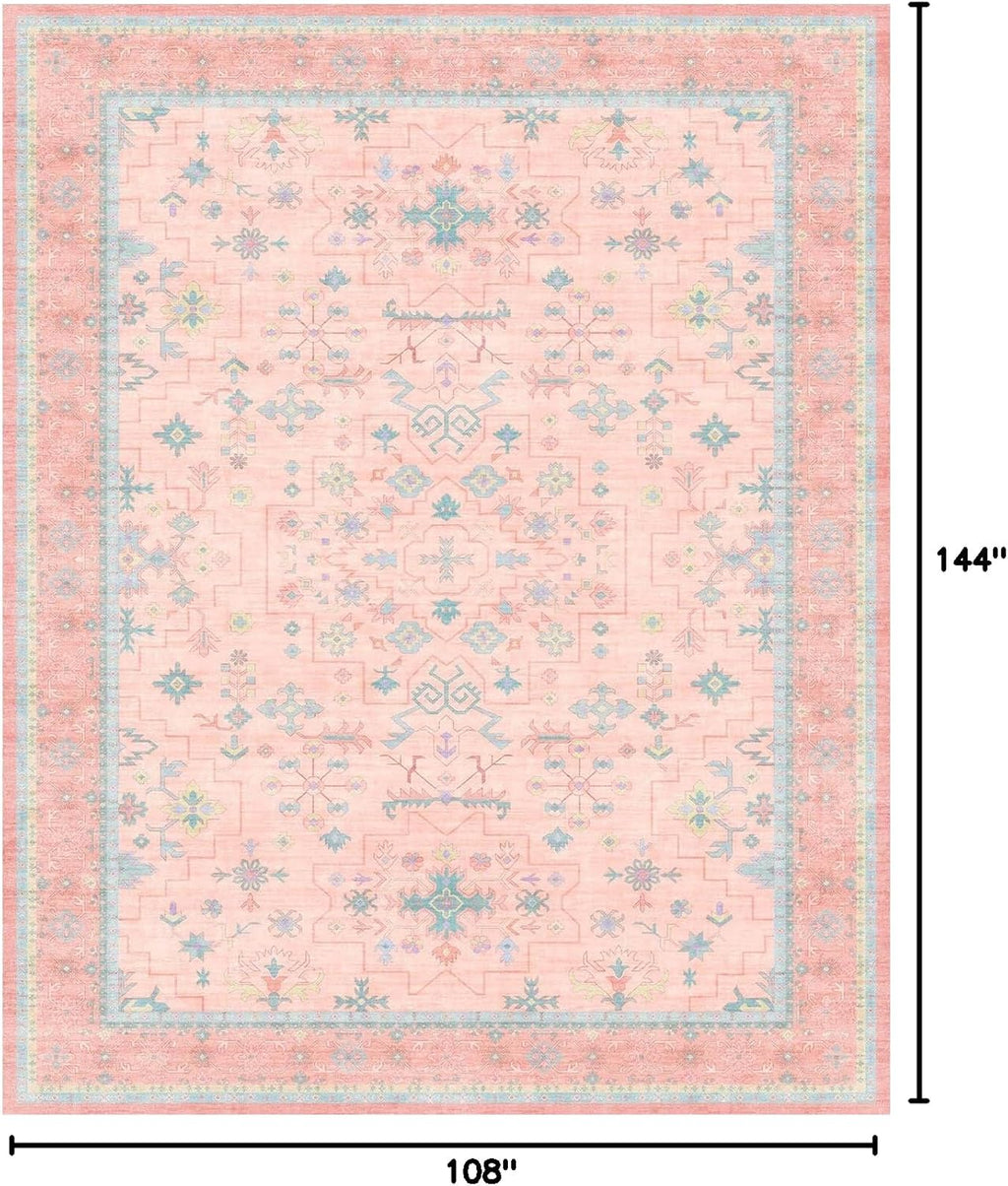 Oushak Rugs | Washable Pink & Blue 9x12 Area Rug - Soft Faux Wool, Modern Floral Design, Non-Slip