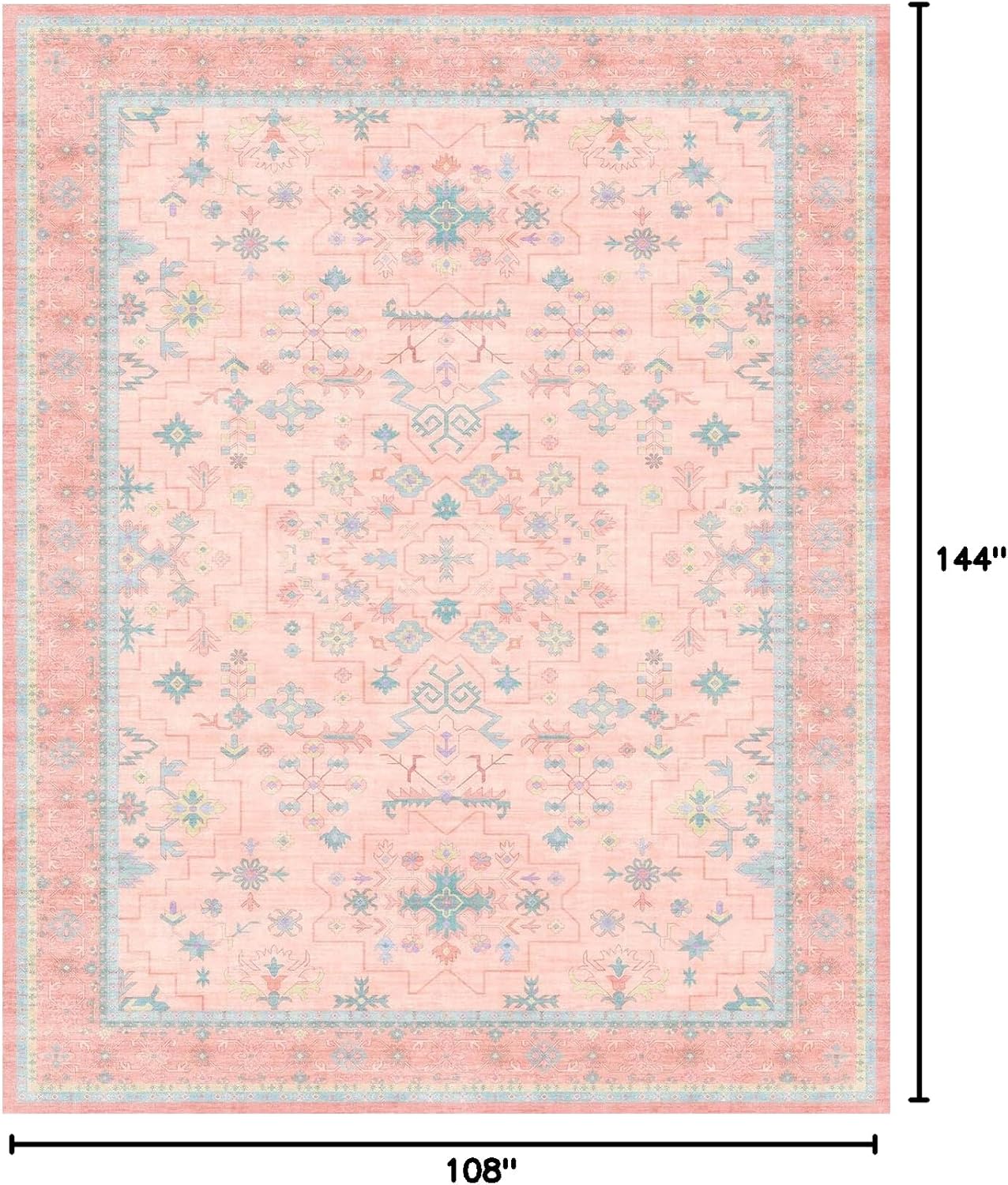 Oushak Rugs | Washable Pink & Blue 9x12 Area Rug - Soft Faux Wool, Modern Floral Design, Non-Slip