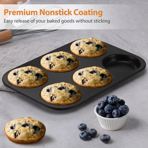 E-far Muffin Top Pan Set of 2, Nonstick 6-Cavity Shallow Cupcake Pan for Baking Whoopie Pie, Yorkshire Pudding, Eggs, Cornbread, Drop Cookies, Easy Release & Clean, 3-Inch Standard Size