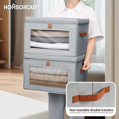 Homsorout Large Closet Storage Organizer - Collapsible Fabric Bins with Handles & Window | 2 Pack, Grey