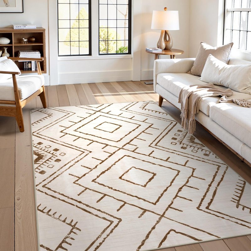 LIVEBOX Western 5x7 Area Rug, Beige Washable Rugs for Living Room Bedroom, Non Slip Moroccan Tribal Rug Low Pile Geometric Soft Boho Area Rugs Diamond Carpet for Dining Room, Nursery Room, Playroom