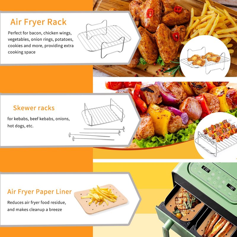 Dual Zone Air Fryer Accessories, 2pcs Air Fryer Rack with 100pcs Air Fryer Paper Liners Compatible with Ninja Foodi Air Fryer DZ201, DZ401, 5 pcs Double Basket Air Fryer Accessories