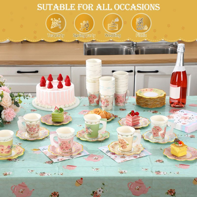 Yungyan 108 Pcs Tea Party Plates and Napkins Sets Serve 36 Guests Floral Disposable Tea Party Supplies Paper 6" Plates and Napkins and 9 oz Cups with Handle for Garden Spring Birthday Wedding