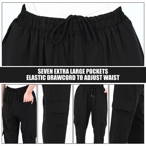 Jeere 6 Men's Chef Pants Classic 7 Pocket Chef Cargo Pants Baggy Kitchen Pants with Wide Elastic Waist and Drawstring (L) Black