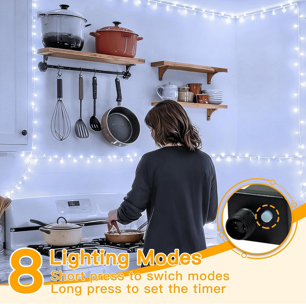Ollny 200 LED Christmas Lights - 60FT Cool White Connectable String Lights | 8 Modes Waterproof Timer for Indoor & Outdoor Use