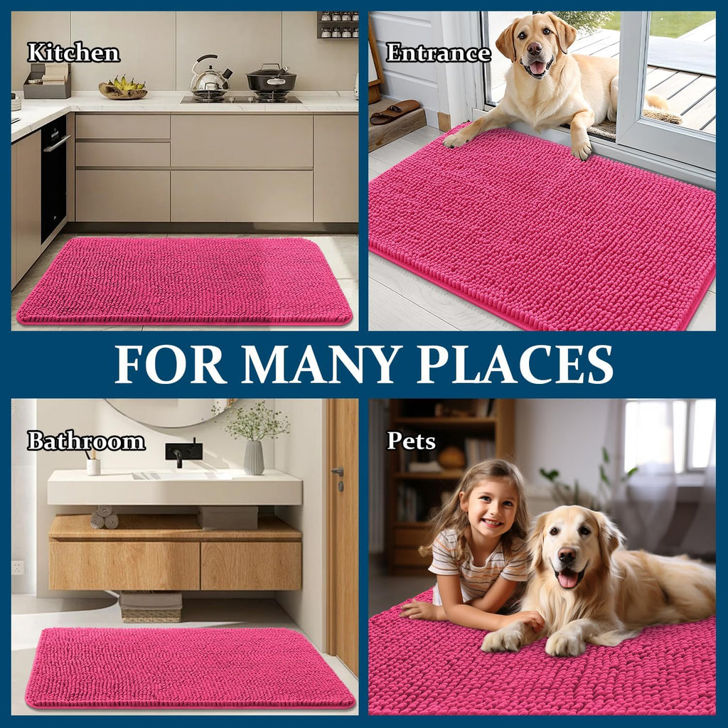 OLANLY Dog Door Mat - Absorbent Non-Slip Washable Chenille Mat for Muddy Paws | 47x20, Hot Pink