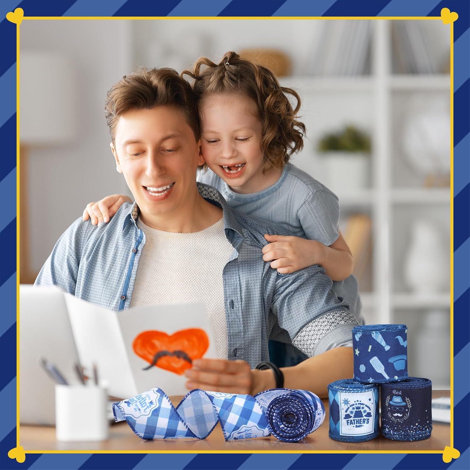 Skiennix Father's Day Wired Edge Ribbon - Blue Tie Hat Pattern | 6 Rolls, 30 Yards for Crafting & Gifts