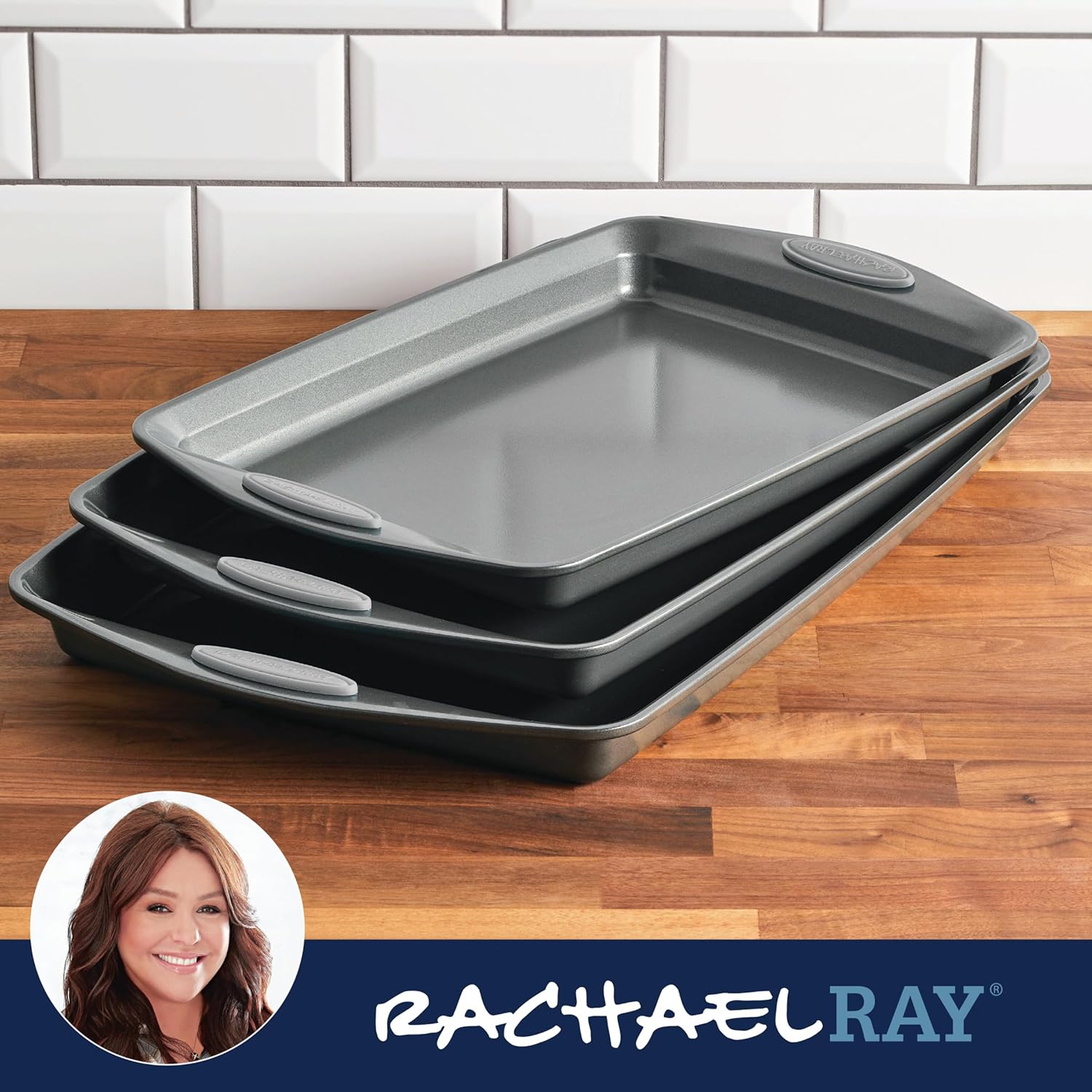 Rachael Ray Nonstick Bakeware Set - 3-Piece Cookie Sheets with Grips in Gray & Sea Salt Gray