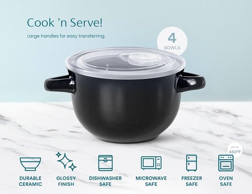 KooK French Onion Soup Crocks - Durable Ceramic Bowls with Handles | Set of 4, 18 oz, Black, Oven Safe