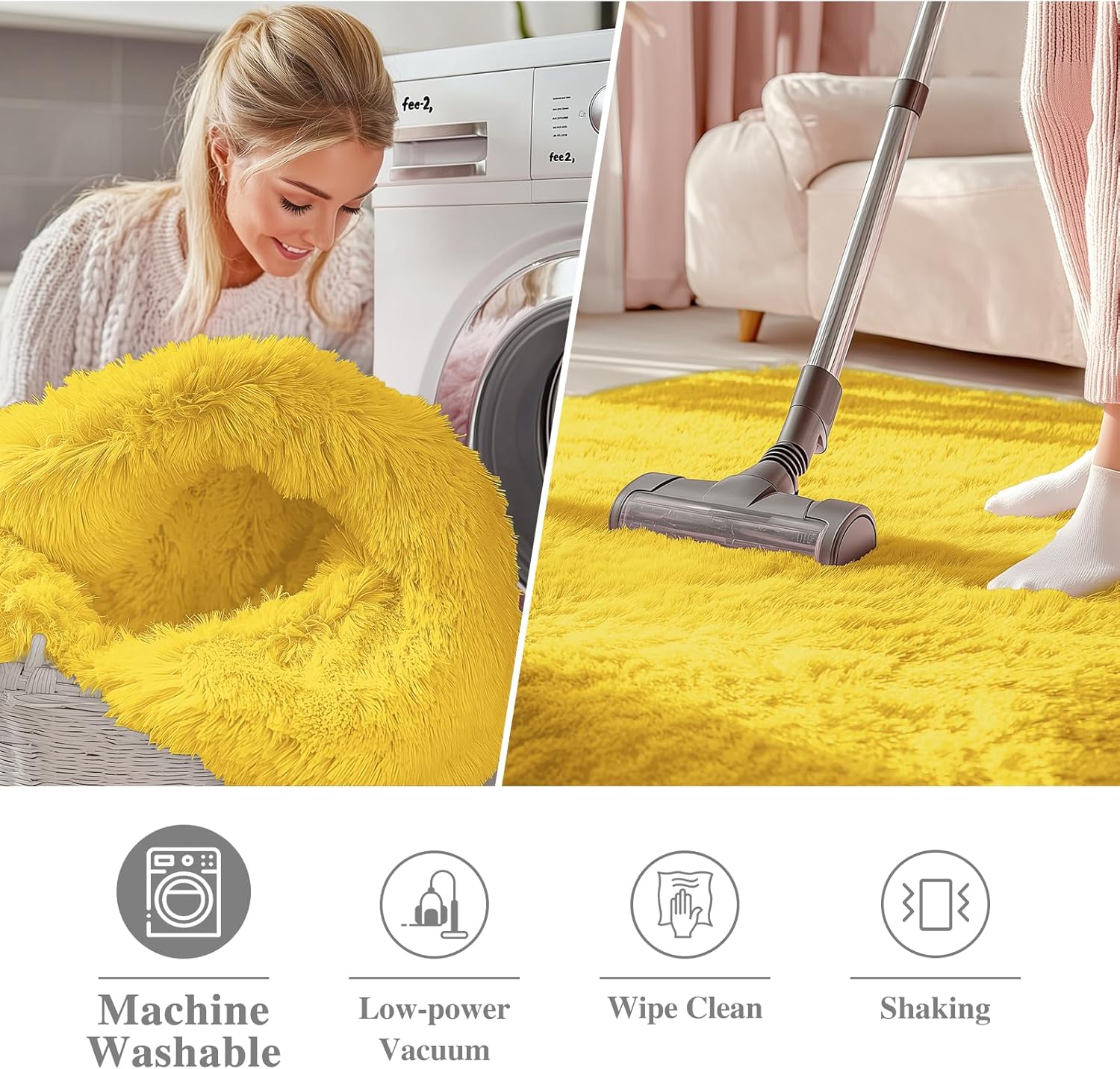 OLANLY Yellow Round Area Rug - Soft, Fluffy, Machine Washable 9 ft Circle Carpet for Bedroom & Living Room Decor