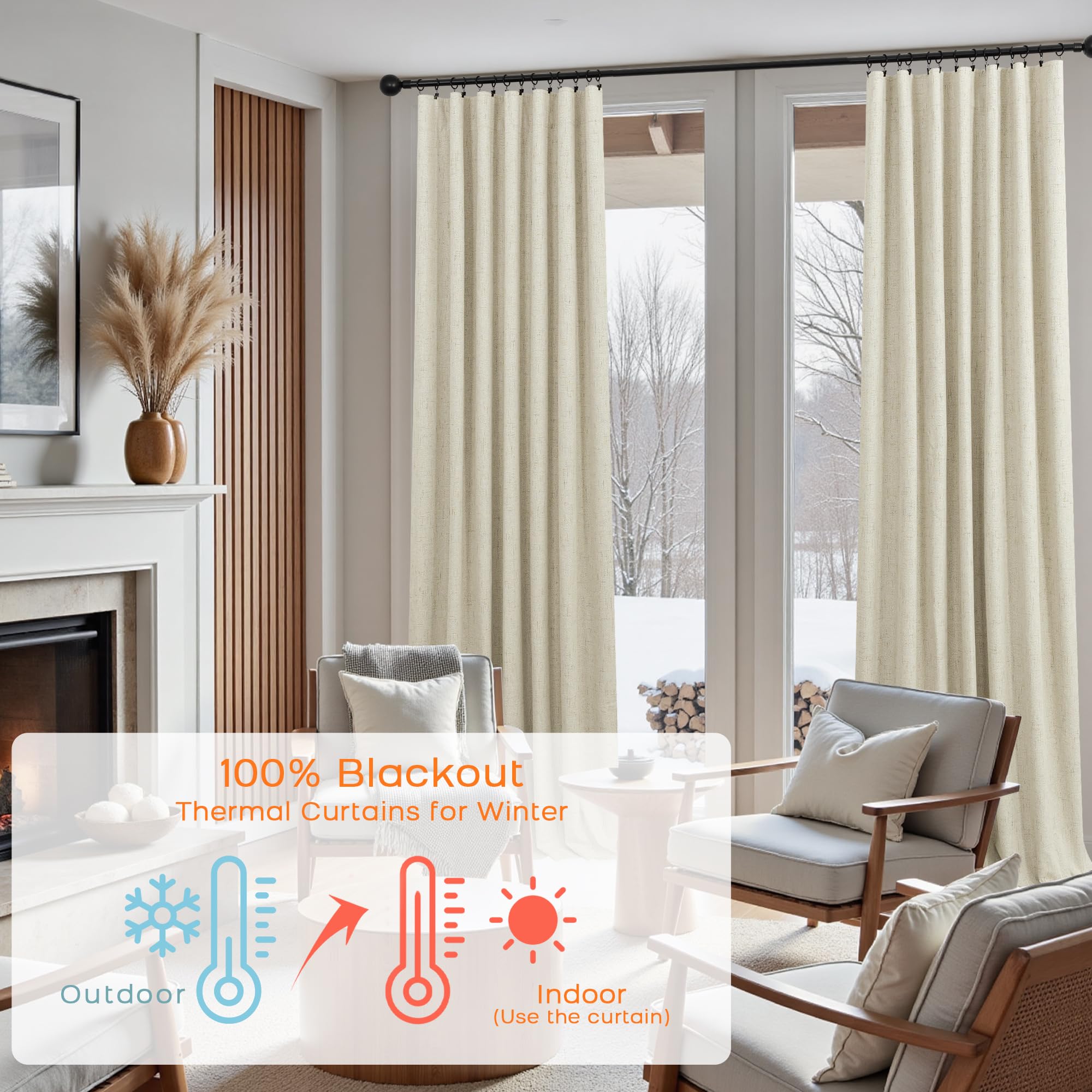 KOUFALL 100 Inch Curtains Long,Blackout Beige Linen Back Tab Pleated Black Out Curtains for Bedroom Living Room 2 Panels Set