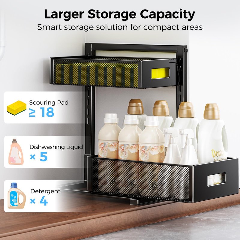 HAIREALM 2 Pack Under Sink Organizer, Adjustable Height Under Sink Organizers and Storage, Smooth & Silent Sliding Out Metal Drawer for Kitchen Bathroom Pantry Cabinet Closet (White)